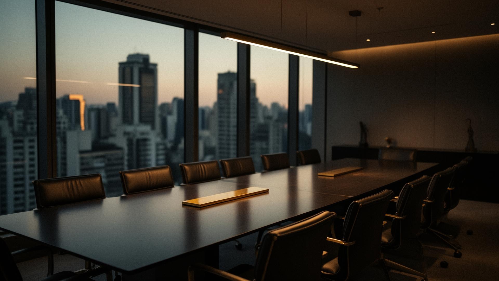 Sala de reuniões executiva ao entardecer, ambiente refinado em tons de grafite e brass.